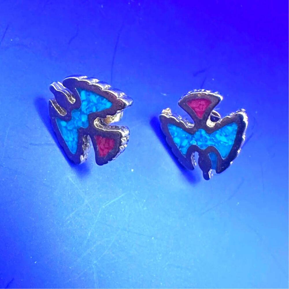 Gold Eagle Red Blue Turquoise Chips Stud Earrings Bird Western Jewelry Casual